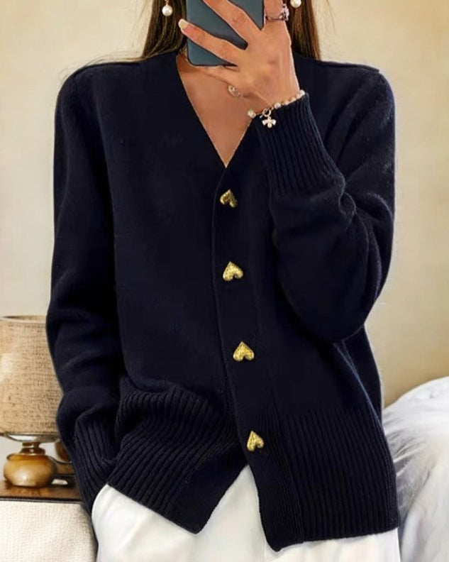 V-Neck Heart Button Ribbed Knit Cardigan 3
