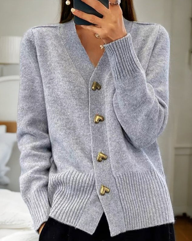 V-Neck Heart Button Ribbed Knit Cardigan 2