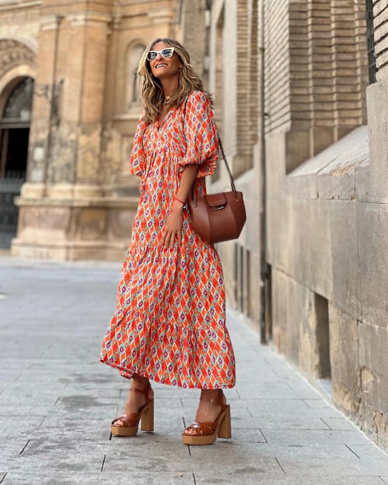 V-Neck Puff Sleeve Tiered Maxi Dress Boho 13