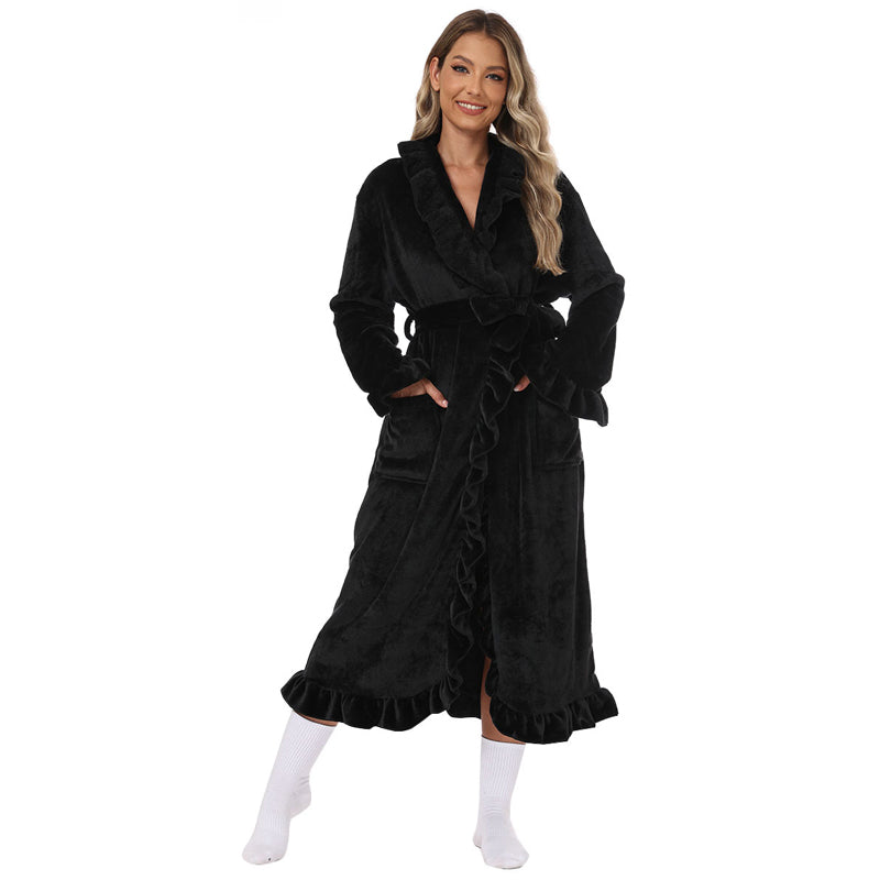 Fleece Ruffle Trim Belted Long Sleeve Dressing Gown - View 18