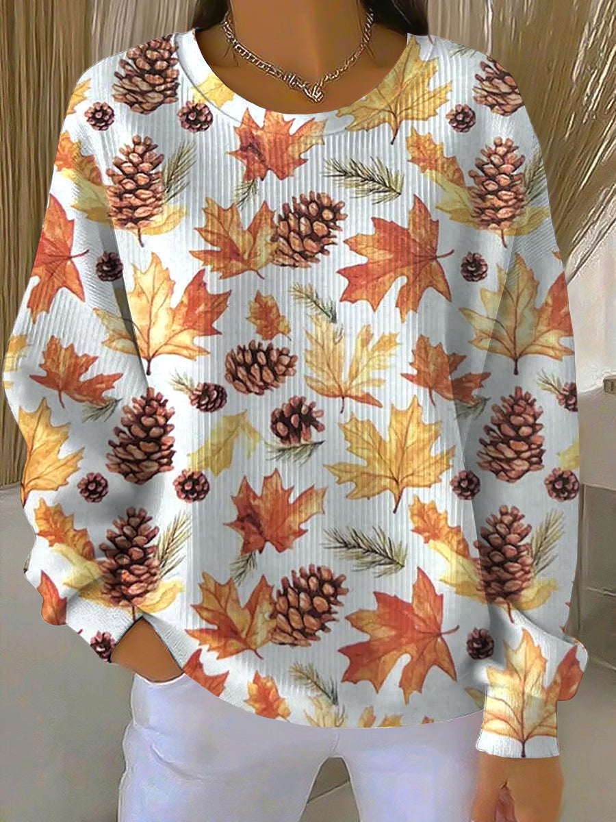 Crew Neck Long Sleeve Maple Leaf Print Sweatshirt