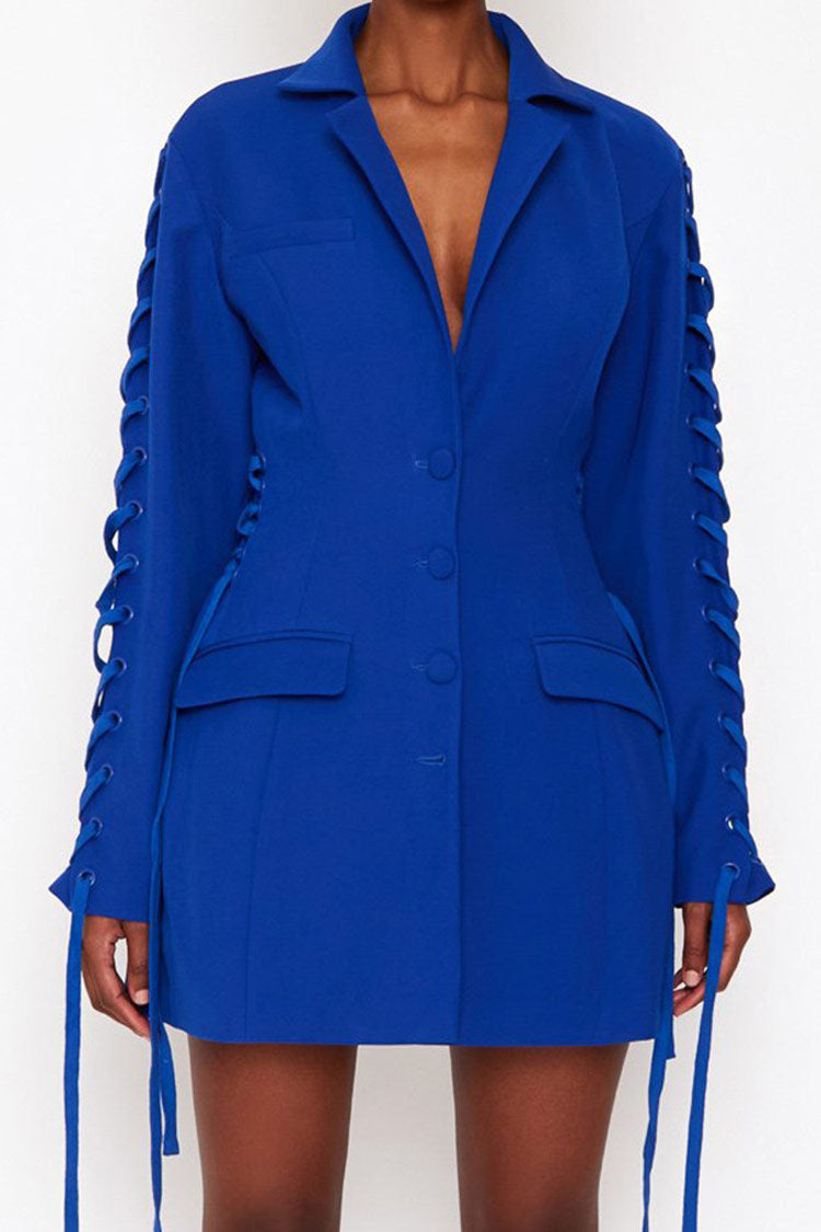 Stylish Long Sleeve Lace Up Lapel Fit & Flare Blazer Mini Dress - Blue - View 3