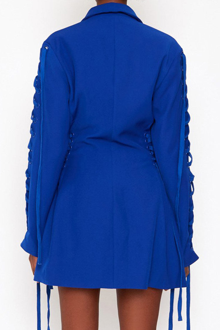 Stylish Long Sleeve Lace Up Lapel Fit & Flare Blazer Mini Dress - Blue - View 4
