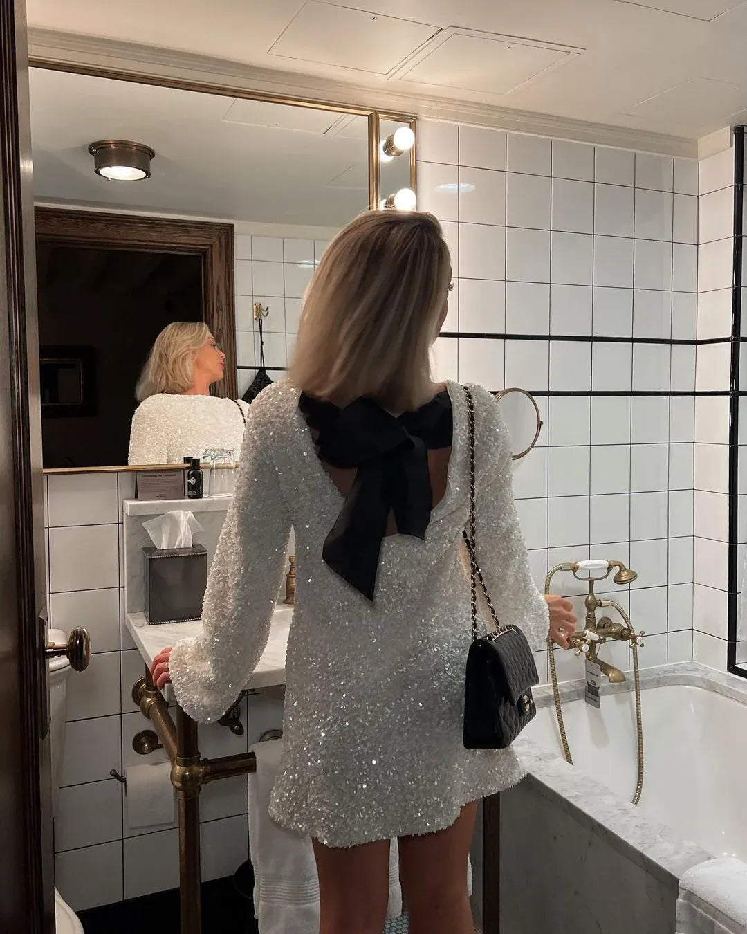 Sequin Crew Neck Bell Sleeve Shift Mini Dress - View 2