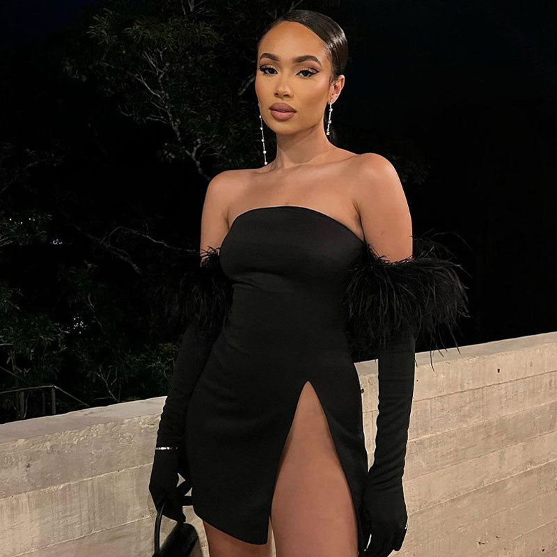 Feather Glove Strapless Party Mini Dress - Black - View 3