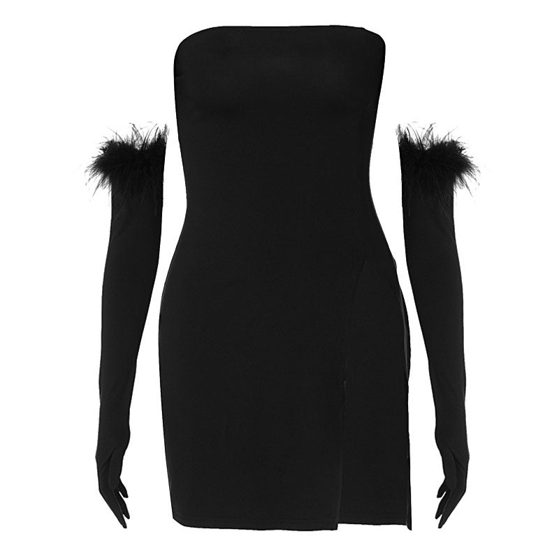 Feather Glove Strapless Party Mini Dress - Black - View 6