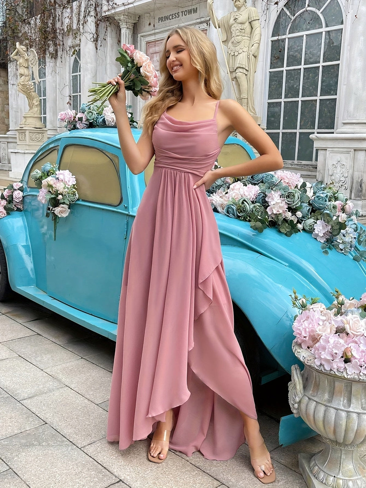 Chiffon Cowl Neck Spaghetti Strap Ruffle A-Line Maxi Dress
