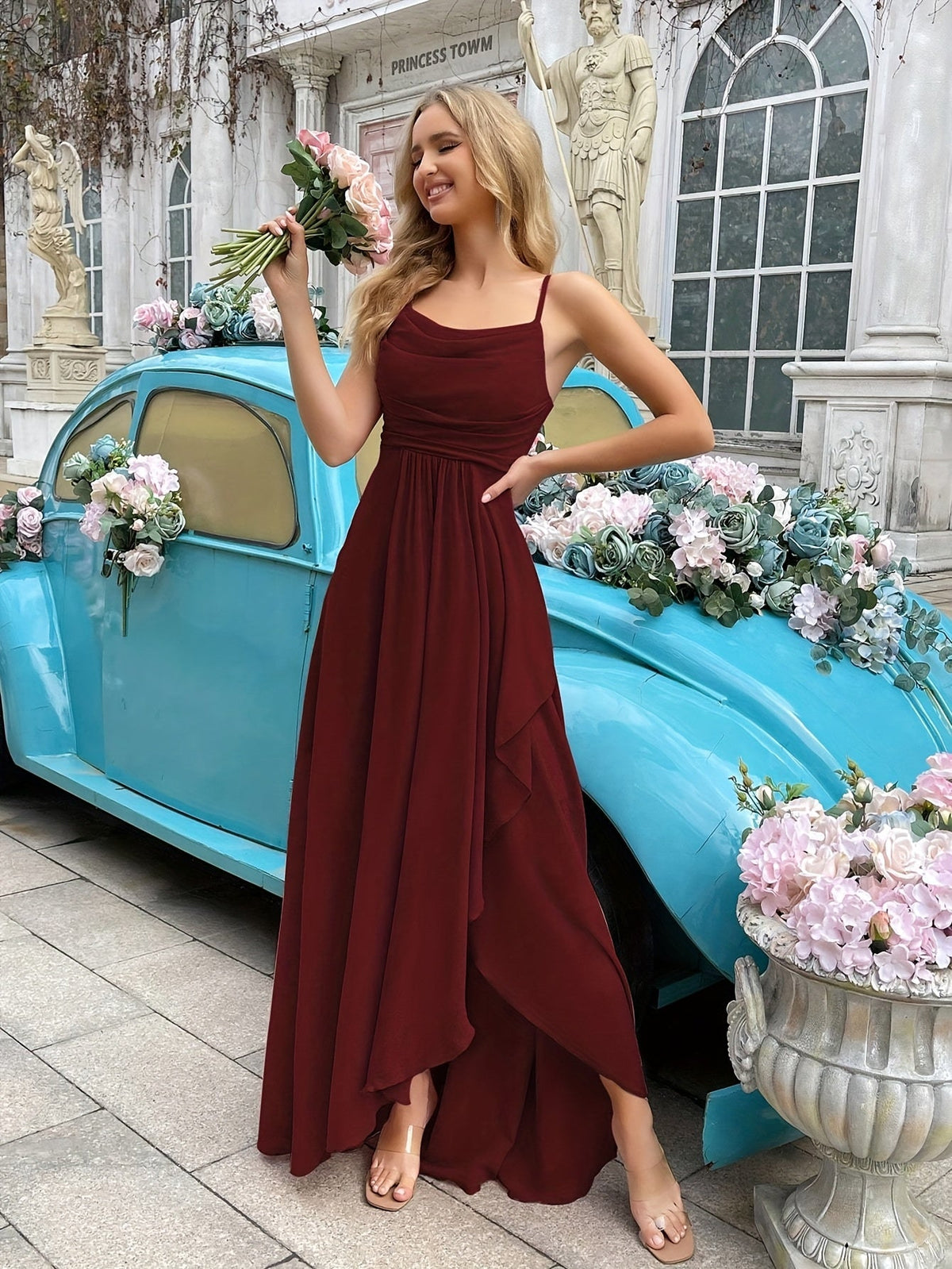 Chiffon Cowl Neck Spaghetti Strap Ruffle A-Line Maxi Dress - View 4