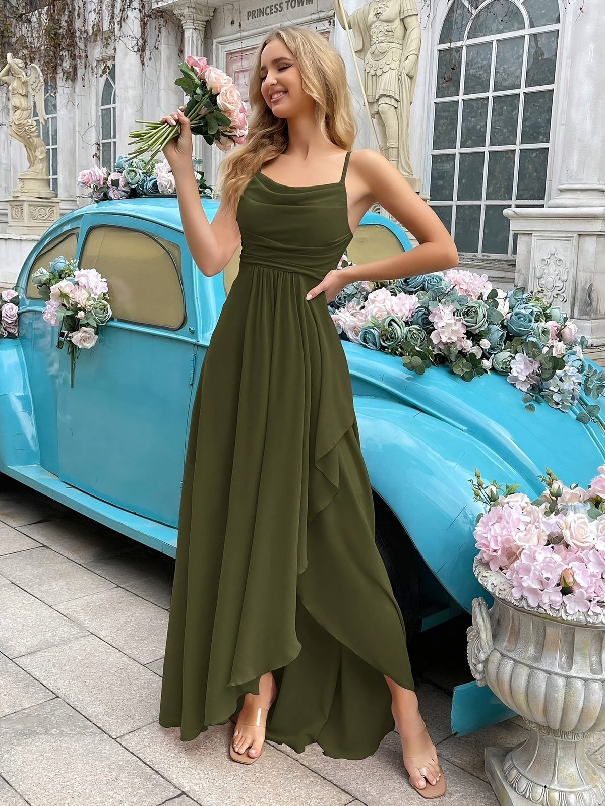 Chiffon Cowl Neck Spaghetti Strap Ruffle A-Line Maxi Dress - View 6