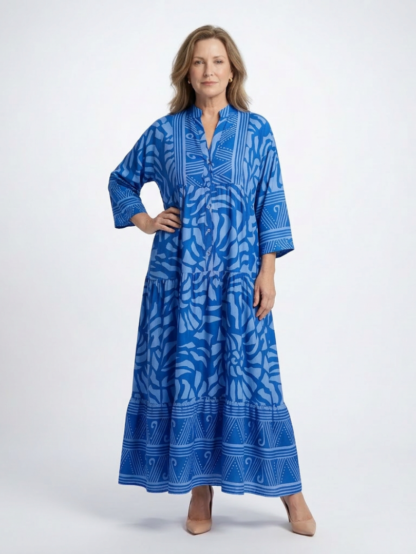 Abstract Print Band Collar Button Front Tiered Maxi Dress 4
