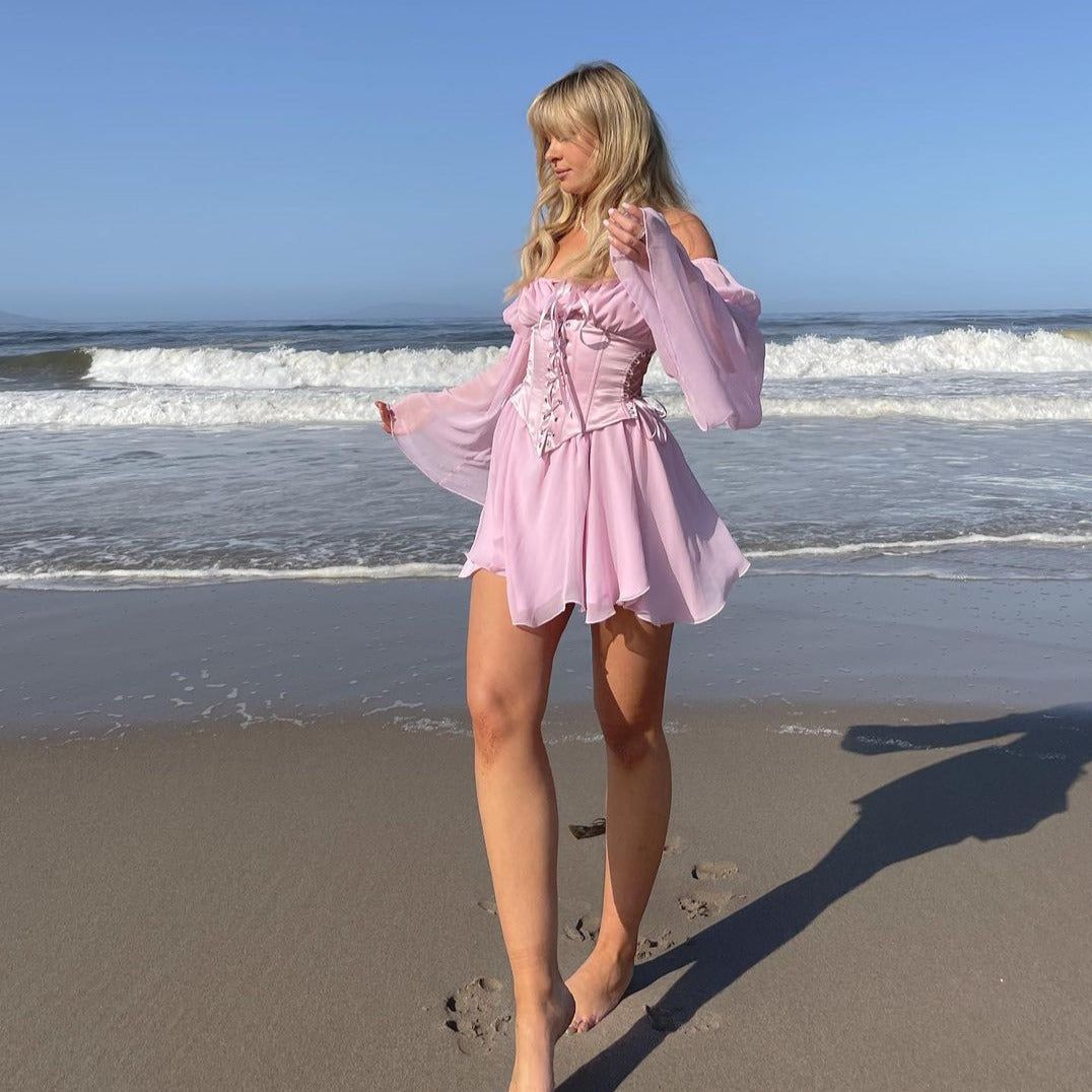 Floral Print Off Shoulder Puff Sleeve Lace Up Corset Mini Dress - View 8