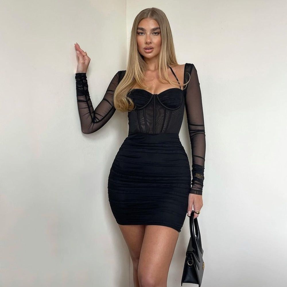 Fiona Ruched Mesh Mini Dress - View 3