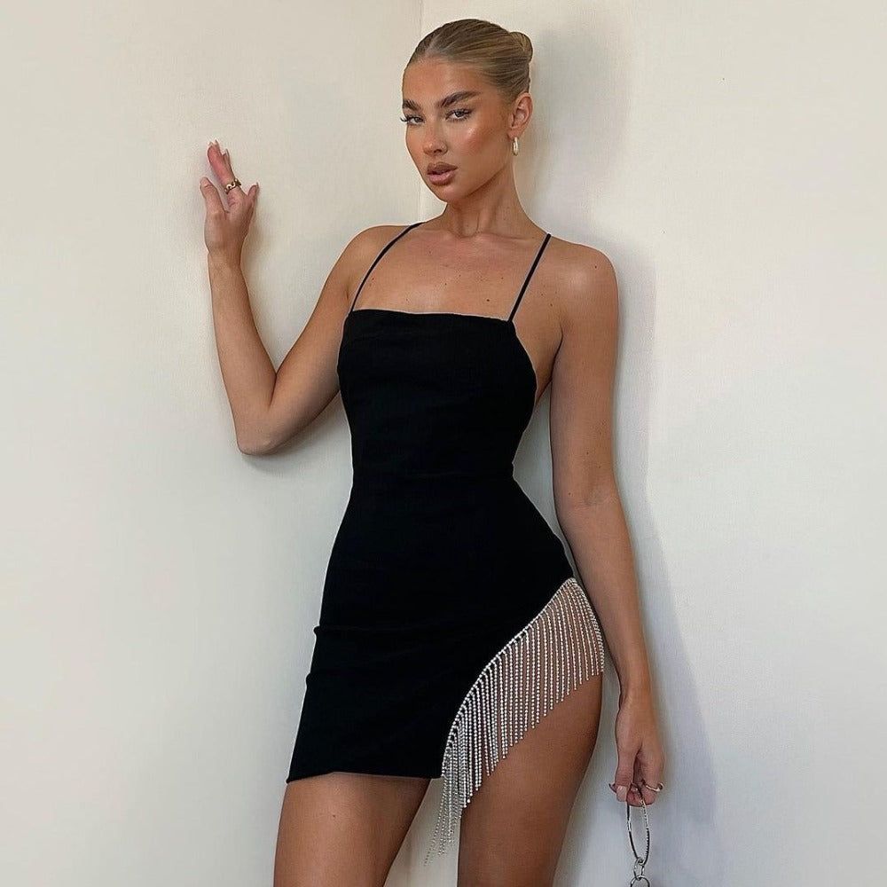 Rhinestone Tassel Side Slit Spaghetti Strap Bodycon Mini Dress - View 6