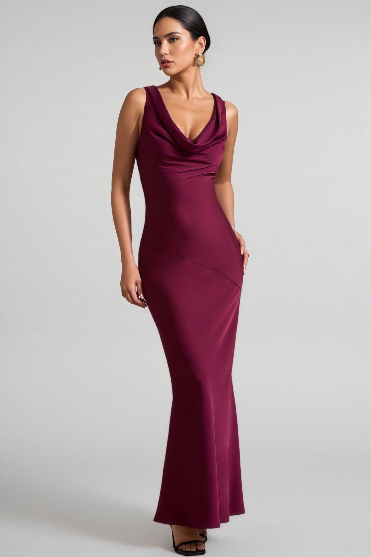 Yararl Burgundy Satin Cowl-Neck Maxi Dress