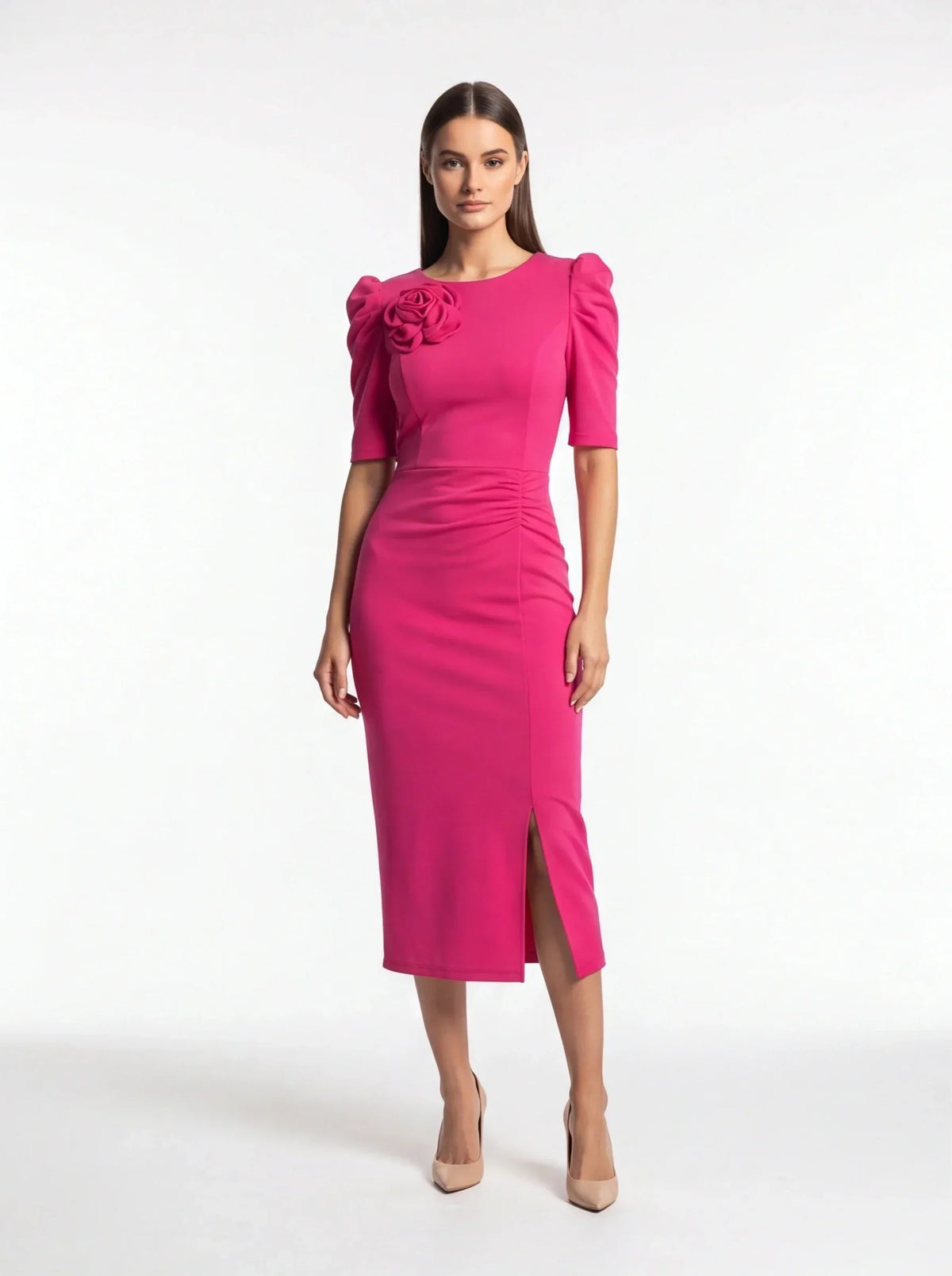 3D Floral Puff Sleeve Ruched High Split Bodycon Midi Dress - View 2