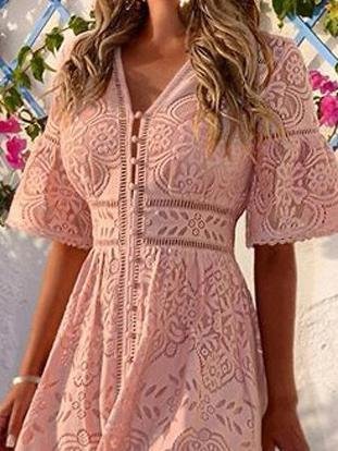 Lace Deep V-Neck Short Bell Sleeve Tiered Lace Trim Midi Dress - View 2