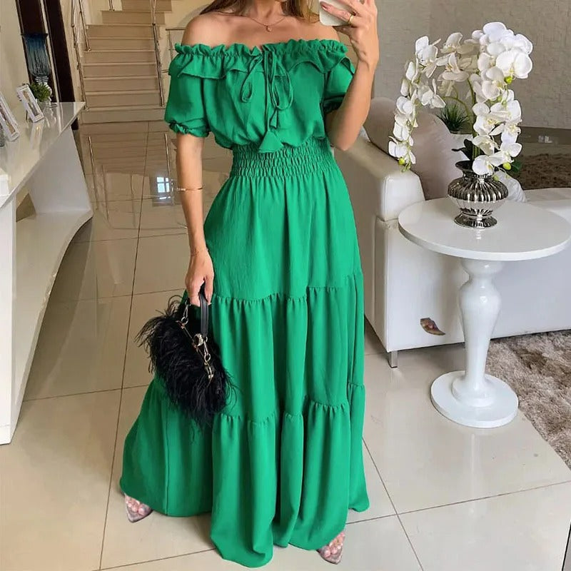 Off Shoulder Puff Sleeve Tie Front Smocked Waist Tiered Maxi Dress - View 4