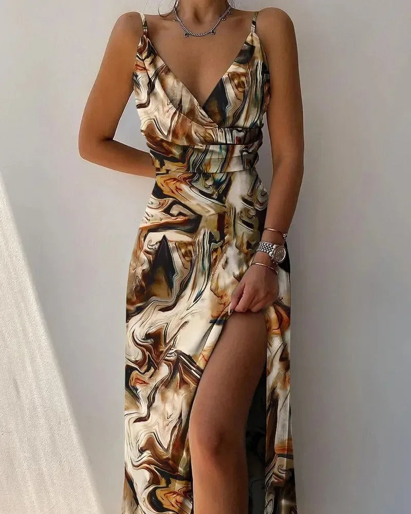 Satin Spaghetti Strap Cowl Neck Wrap Front High Split Maxi Dress - View 3
