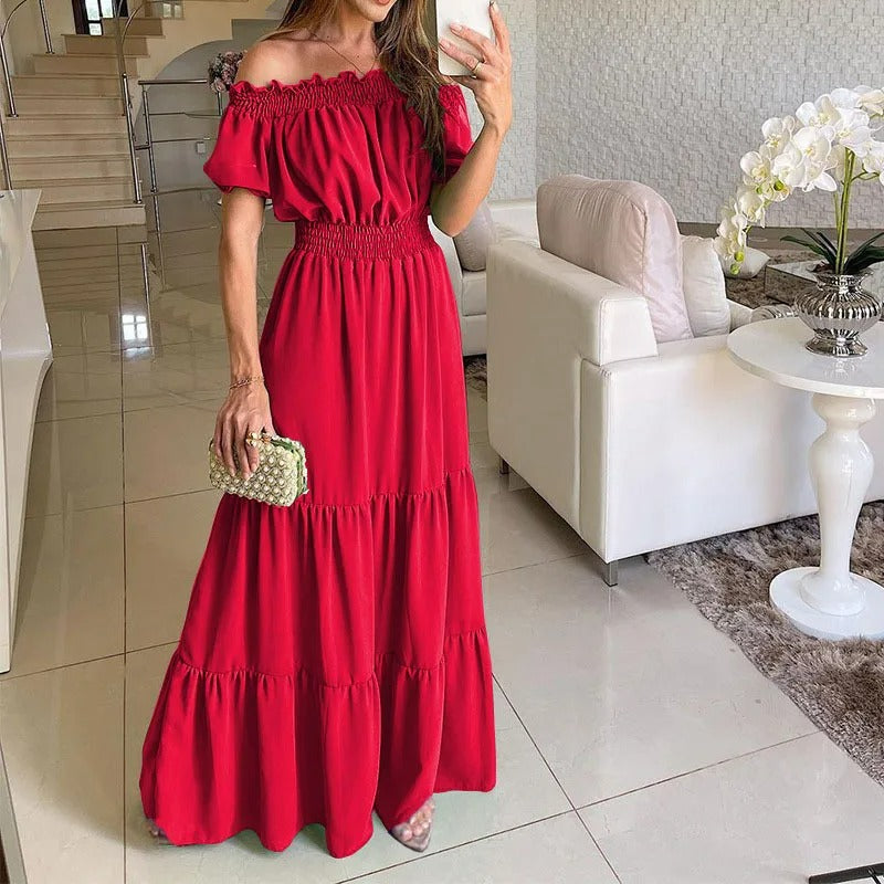Off Shoulder Puff Sleeve Tie Front Smocked Waist Tiered Maxi Dress - View 5