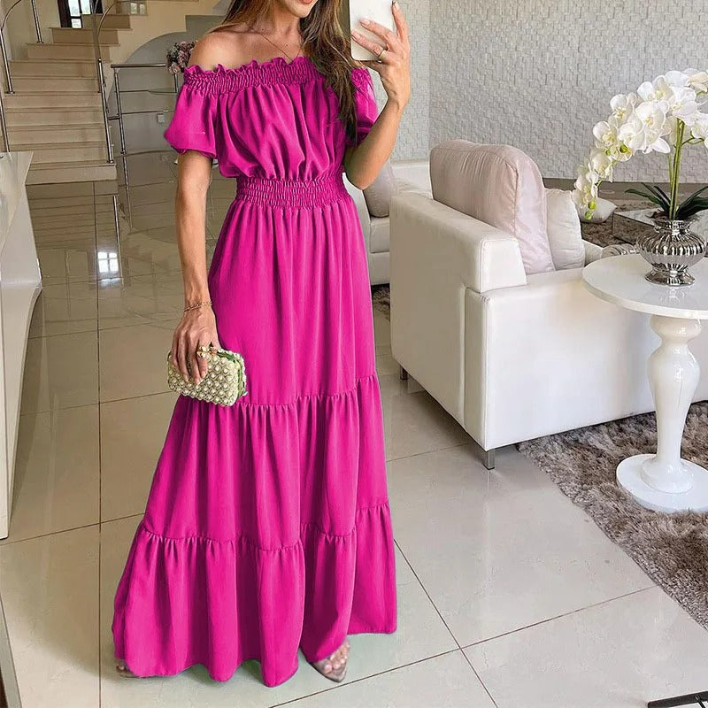 Off Shoulder Puff Sleeve Tie Front Smocked Waist Tiered Maxi Dress - View 3