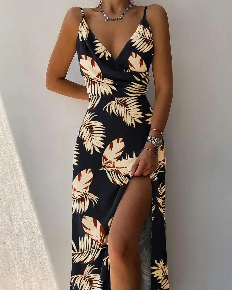 Satin Spaghetti Strap Cowl Neck Wrap Front High Split Maxi Dress - View 7