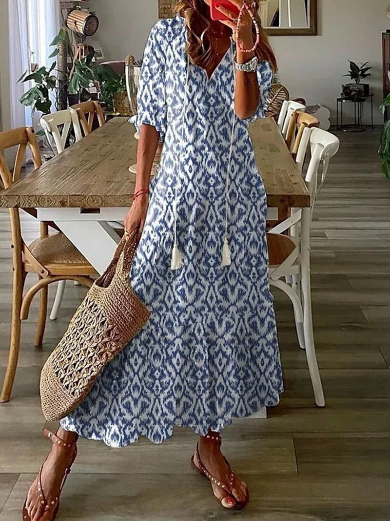Floral Print Tassel Tie Drawstring Deep V-Neck Tiered Dress - View 6