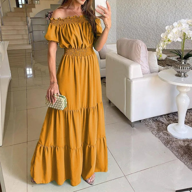 Off Shoulder Puff Sleeve Tie Front Smocked Waist Tiered Maxi Dress - View 8