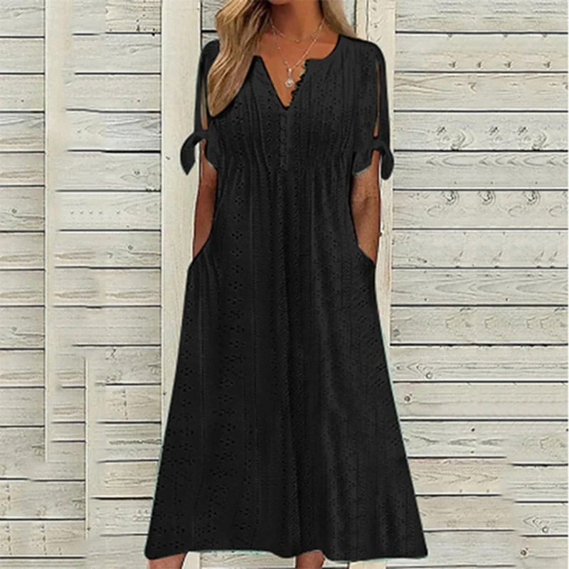 Eyelet V-Neck Button Front Tie Sleeve Side Pocket Midi Dress - View 2