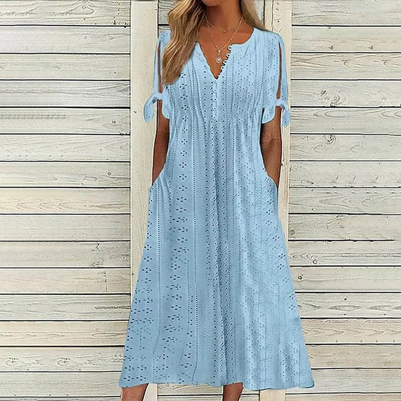 Eyelet V-Neck Button Front Tie Sleeve Side Pocket Midi Dress - View 3