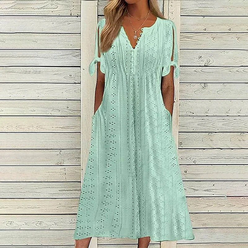 Eyelet V-Neck Button Front Tie Sleeve Side Pocket Midi Dress