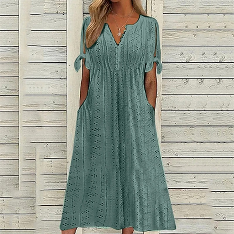 Eyelet V-Neck Button Down Tie Cuff Pocket Midi Summer Dress - View 6