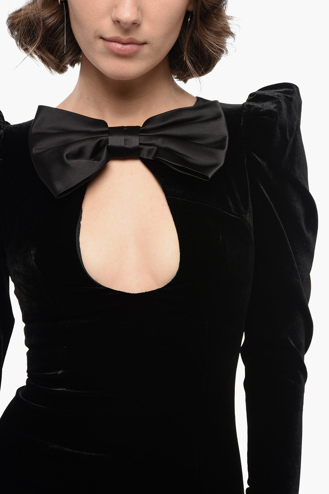 Velvet Long Sleeve Puff Shoulder Keyhole Bow Bodycon Mini Party Dress - View 2