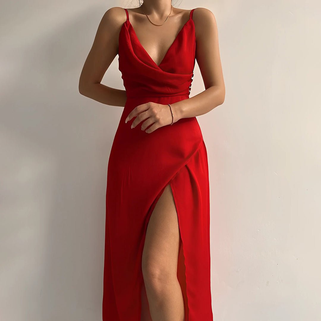 Satin Surplice Wrap Bodice Deep V-Neck Spaghetti Strap Maxi Gown - View 3