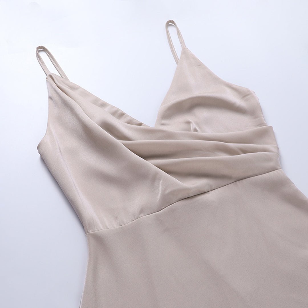 Satin Surplice Wrap Bodice Deep V-Neck Spaghetti Strap Maxi Gown - View 6