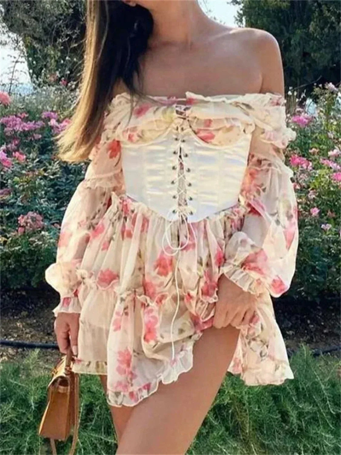 Floral Print Off Shoulder Ruffle Lace Up Corset Mini Dress