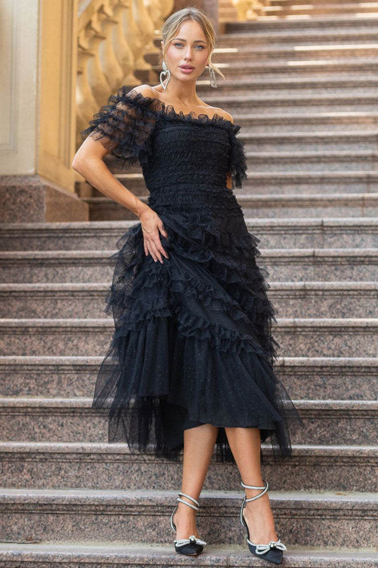 Off Shoulder Tiered Ruffle Dot Tulle Cocktail Midi Dress - View 2