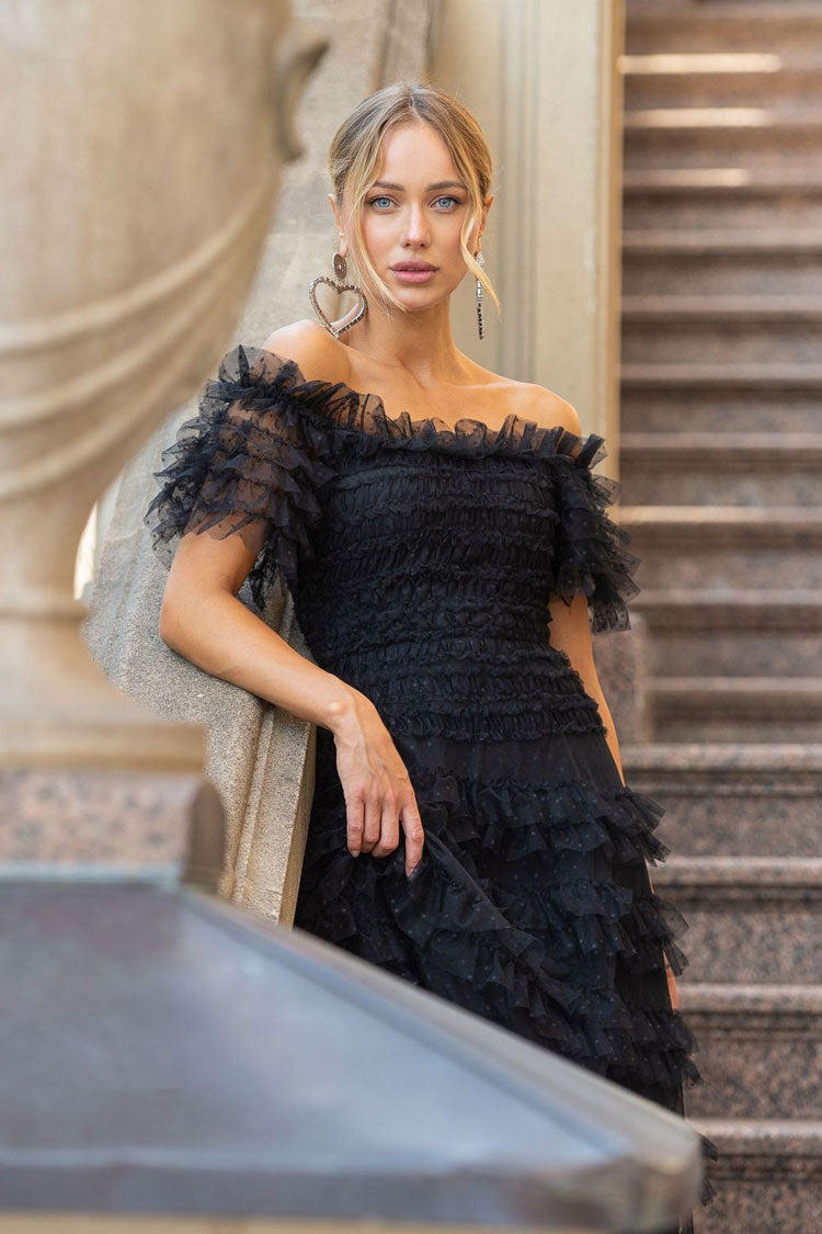 Off Shoulder Tiered Ruffle Dot Tulle Cocktail Midi Dress - View 3