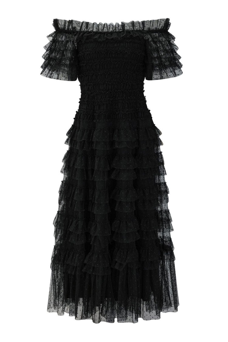 Off Shoulder Tiered Ruffle Dot Tulle Cocktail Midi Dress - View 5