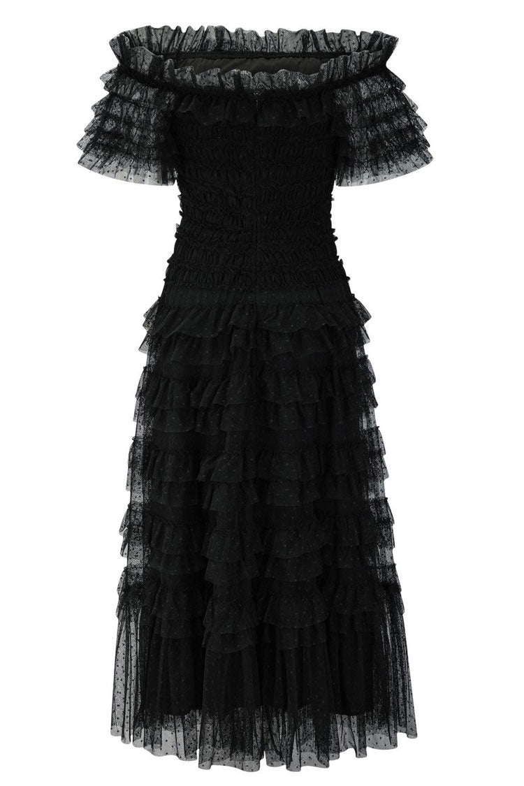 Off Shoulder Tiered Ruffle Dot Tulle Cocktail Midi Dress - View 6