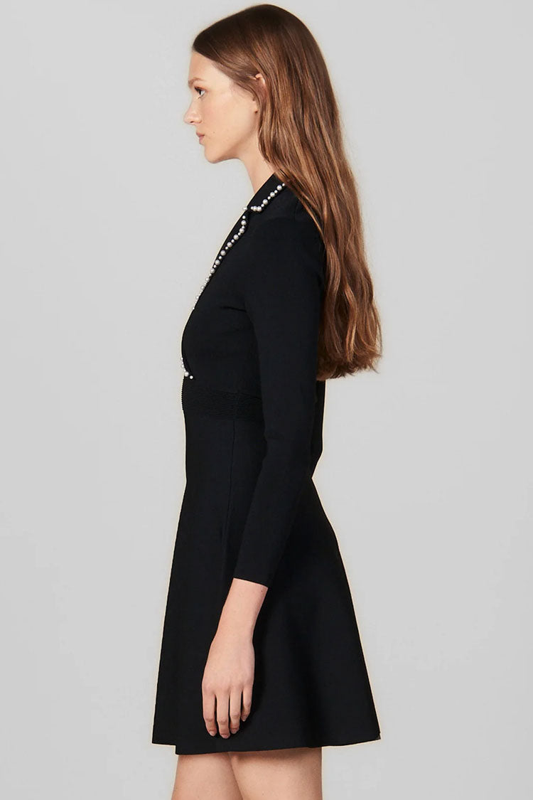 Vintage Pearl Lapel Long Sleeve Fit & Flare Sweater Mini Dress - Black - View 2