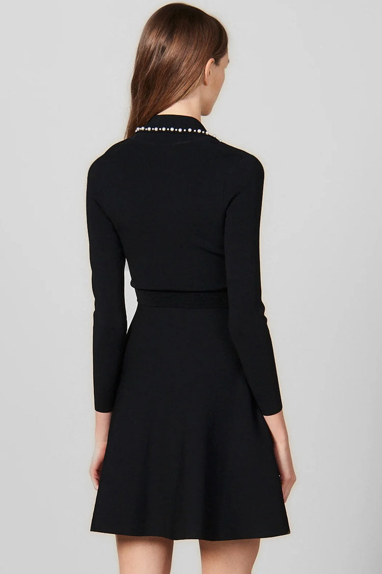Vintage Pearl Lapel Long Sleeve Fit & Flare Sweater Mini Dress - Black - View 3
