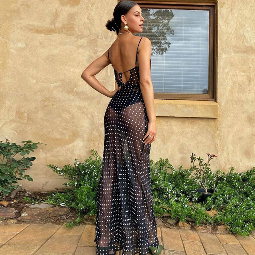 Vintage Polka Dot Cowl Neck Floss Strap Sheer Maxi Dress - Black - View 3