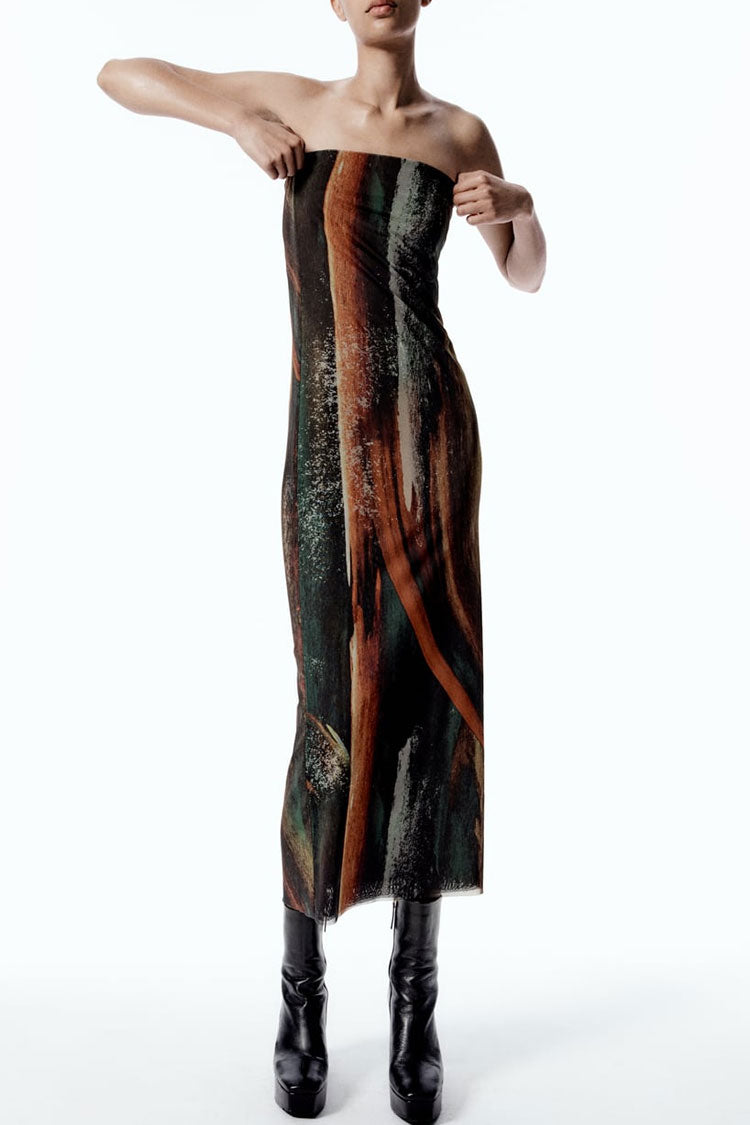 Vintage Abstract Printed Summer Strapless Mesh Maxi Dress - Brown