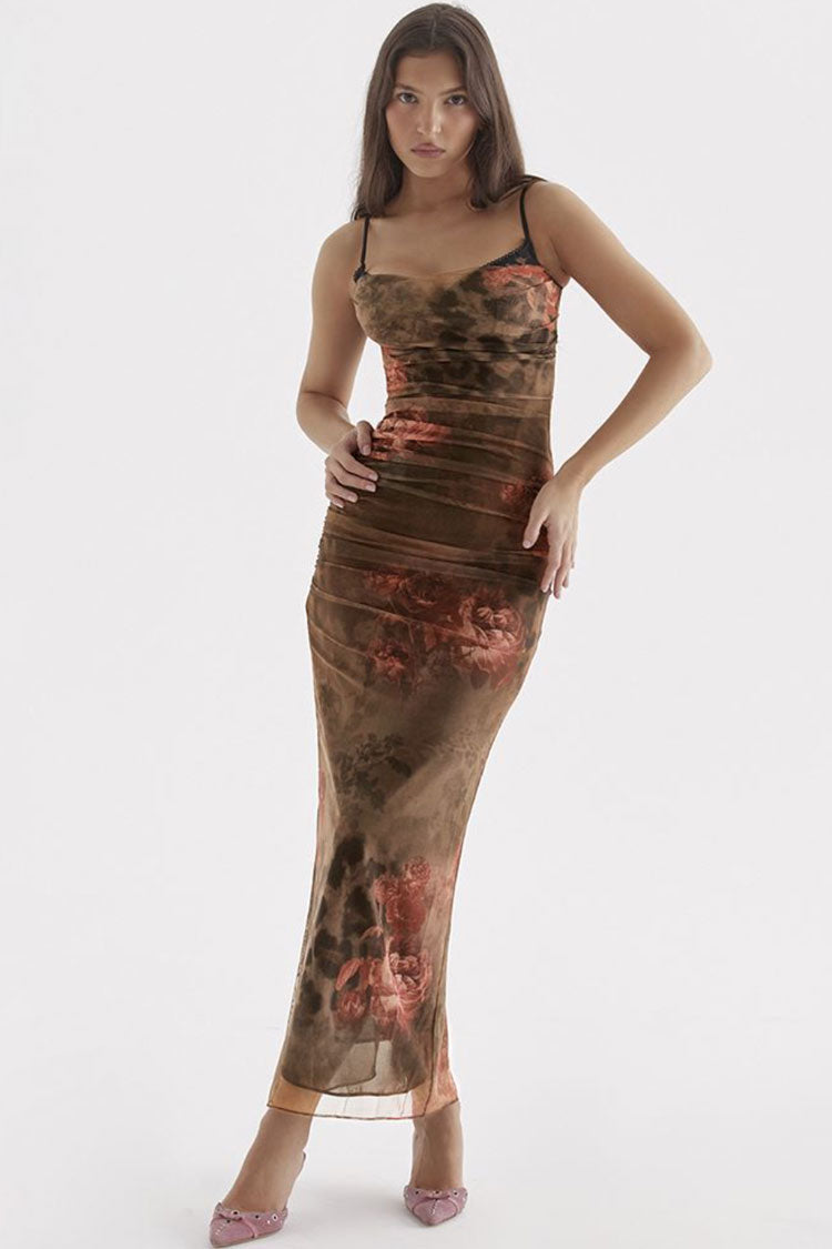 Floral Sweetheart Spaghetti Strap Ruched Mesh Bodycon Maxi Dress