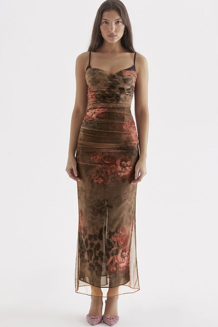 Floral Sweetheart Spaghetti Strap Ruched Mesh Bodycon Maxi Dress - View 2