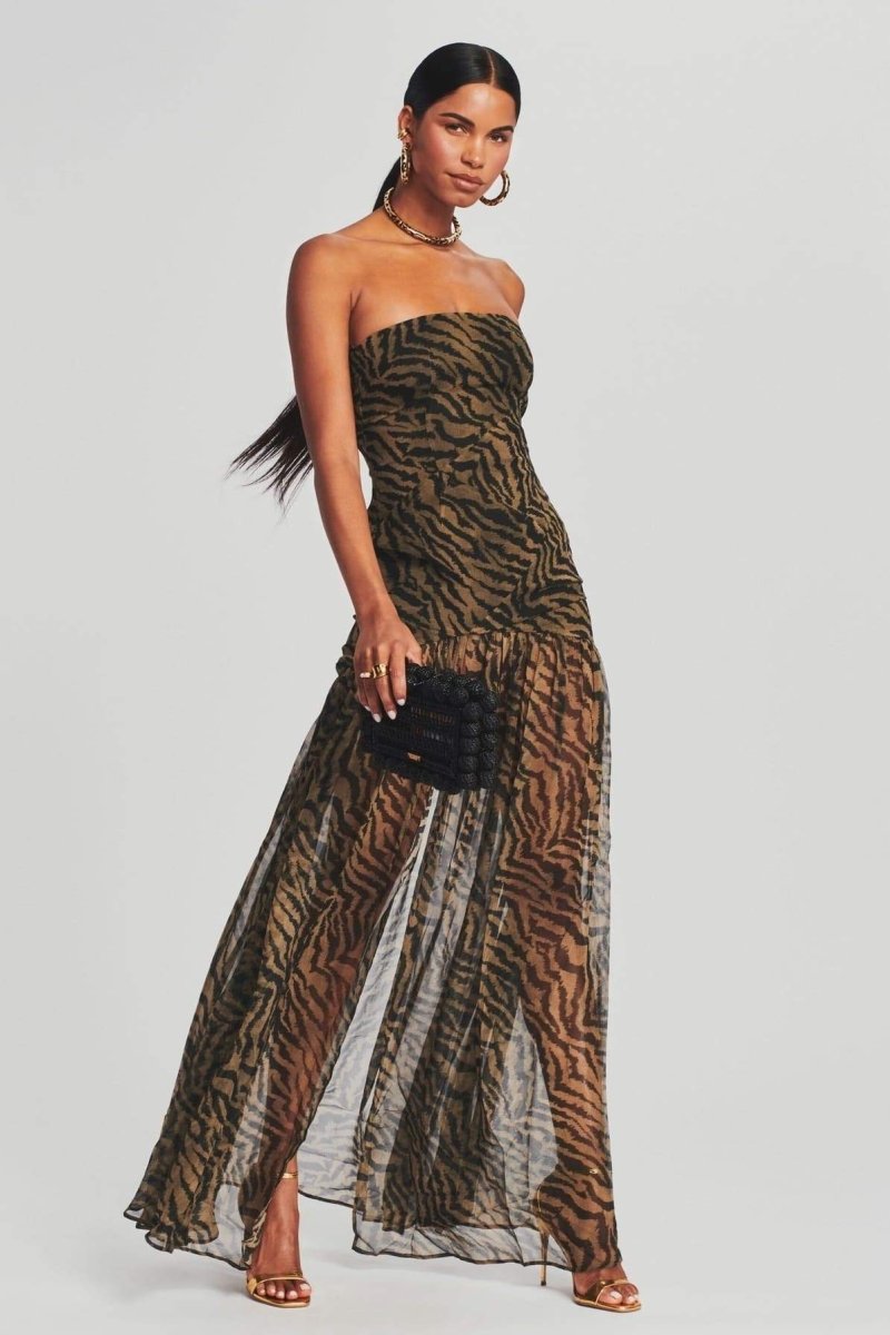 Tiger Stripe Strapless High Split Sheer Panel Maxi Gown - View 2