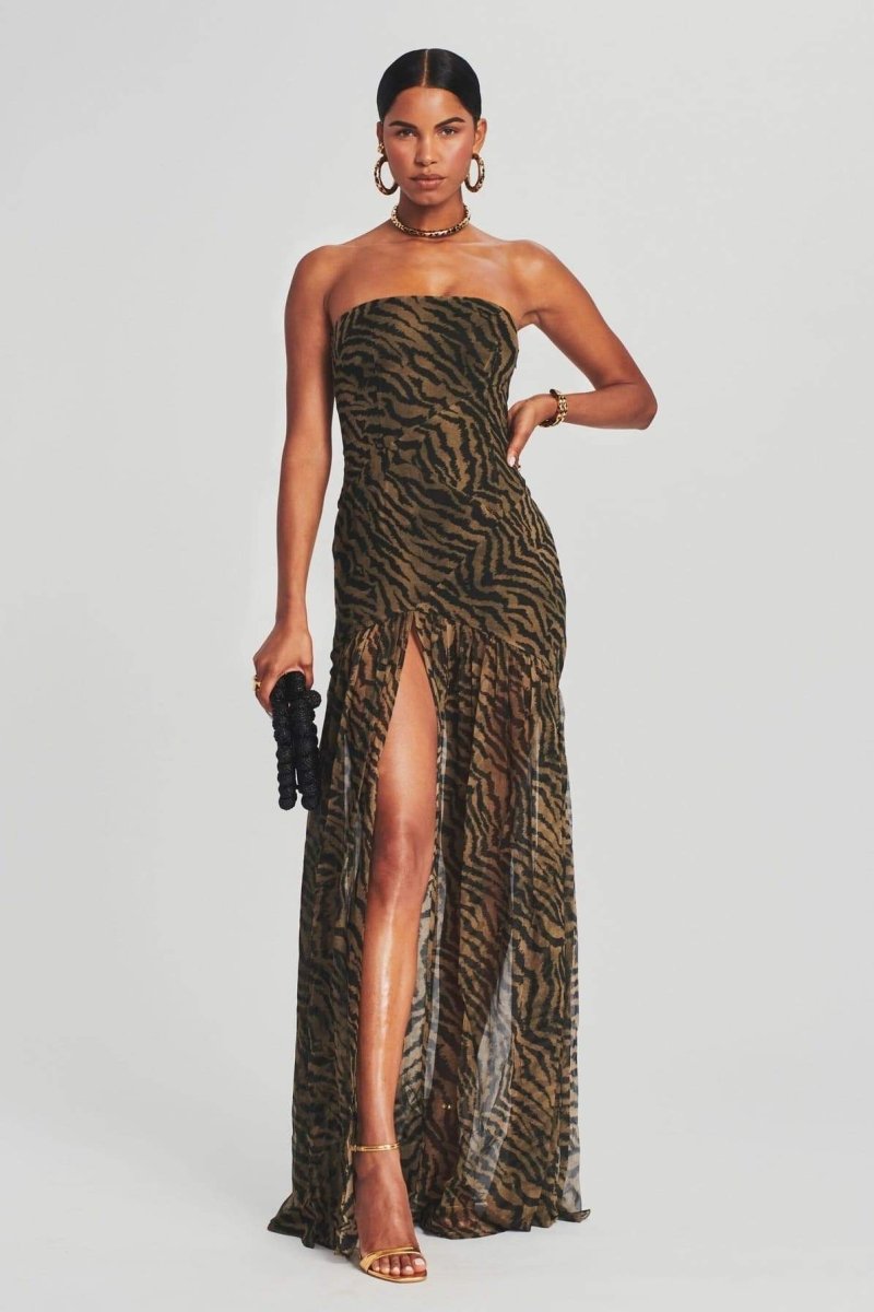 Tiger Stripe Strapless High Split Sheer Panel Maxi Gown