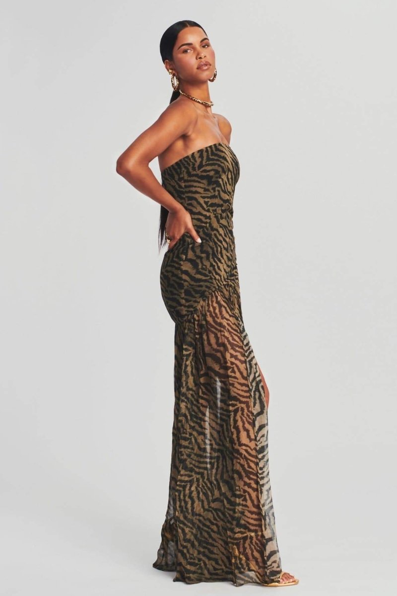 Zebra Print Strapless Sheer Overlay High Split Maxi Dress - View 4