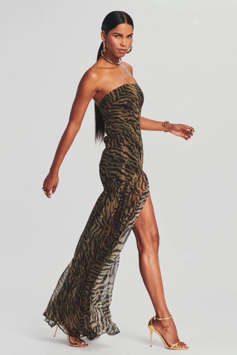 Tiger Stripe Strapless High Split Sheer Panel Maxi Gown - View 3