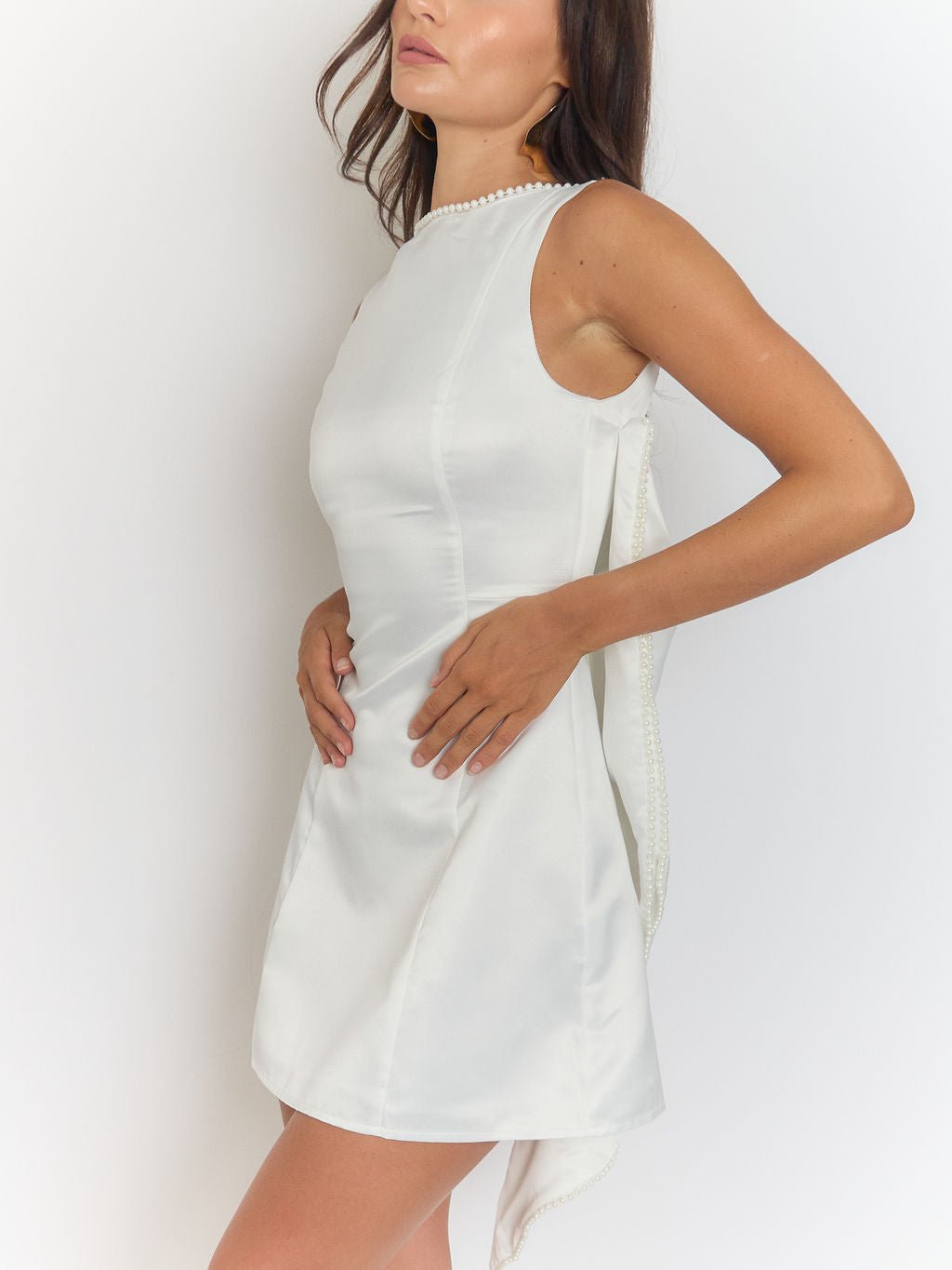 Vivian Pearl Bow Backless Mini Dress in White - View 8